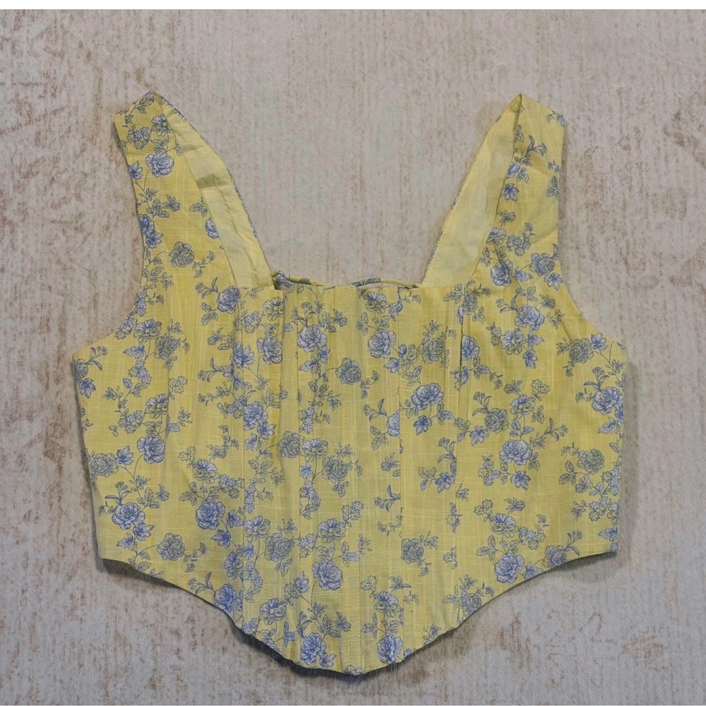 YLLW Women Yellow Blue Floral Linen Corset Top Lace Up Back Cropped Bodice M
